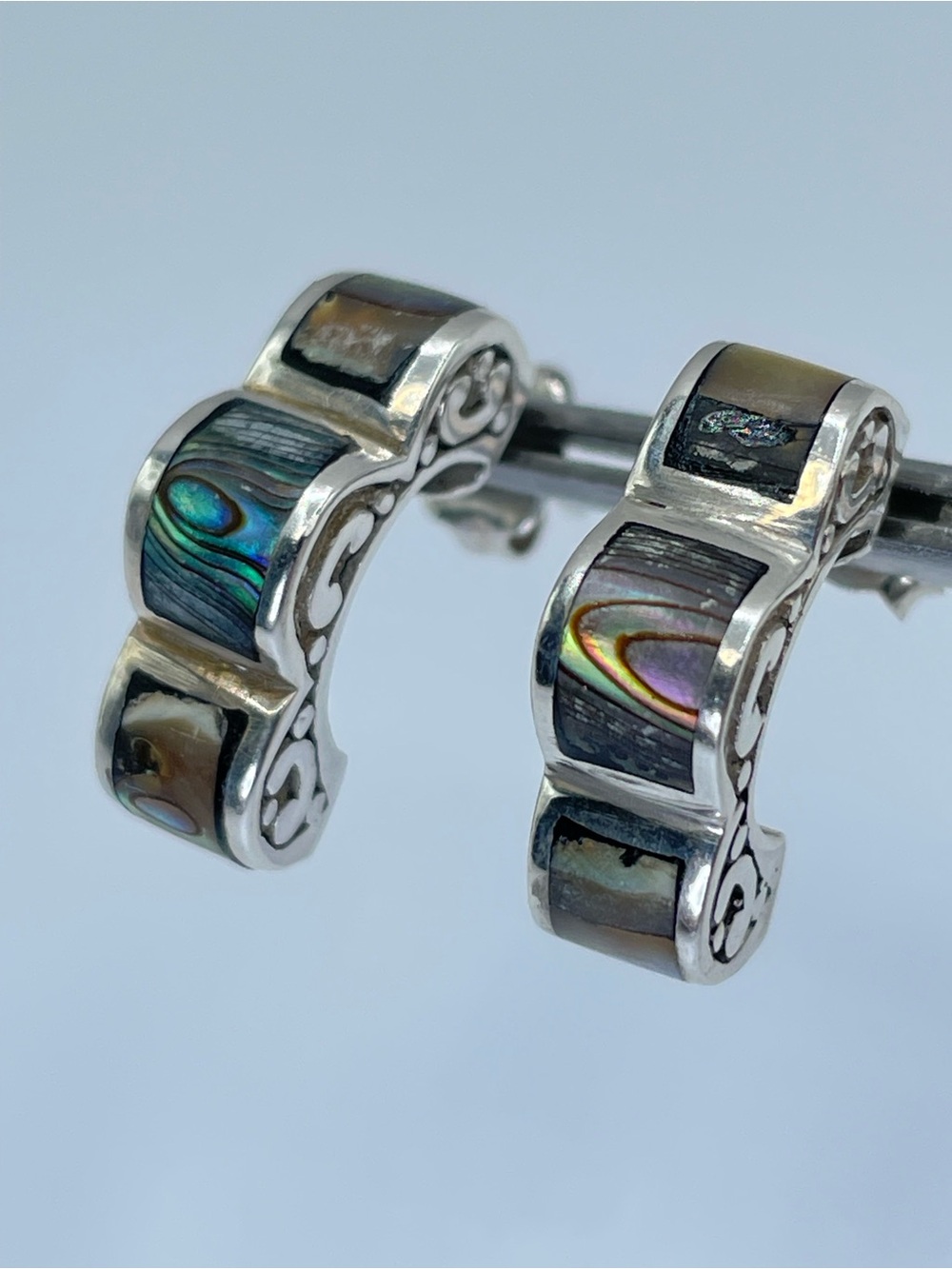 Beautiful Sterling Silver Abalone Shell Inlay Half Hoop Earrings Scroll Cutout